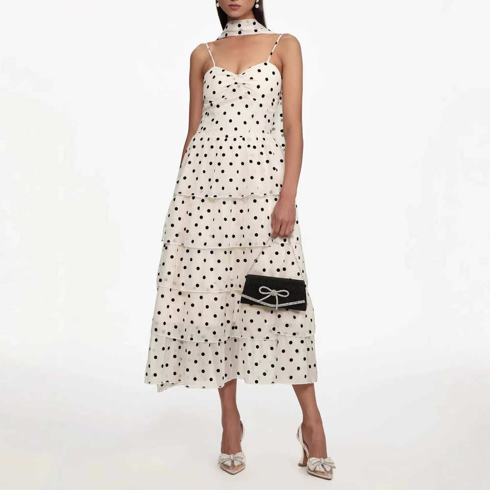 Forever 21 Summer Tie Strap Polka Dot Ruffled Elegant French Maxi Dress